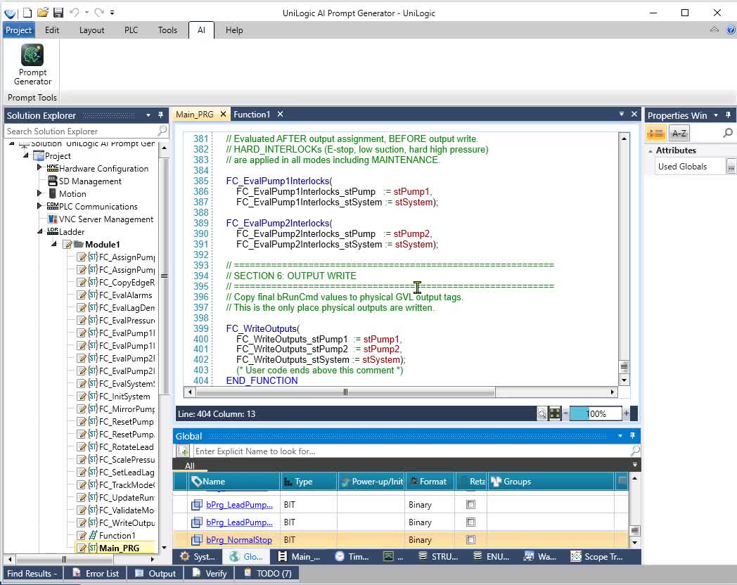 The generated application imported into UniLogic — all functions, tags, structs, and enums created automatically
